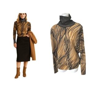 Angelo Marani‎  Gold/ Brown/Black Tiger Metallic Print Wool Blend Turtleneck Top